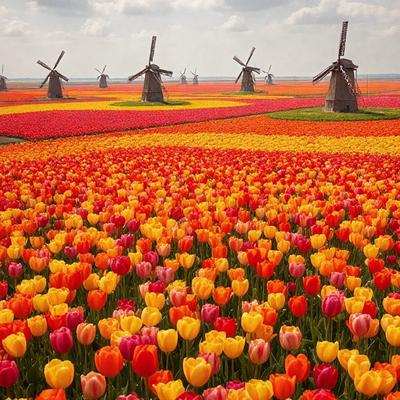 The primary subject of the image is a field of flowers, predominantly featuring red and yellow tulips. The setting is a large, open field with a backdrop of a cloudy sky. The visual style is a realistic, natural scene, with the flowers and sky creating a vibrant and lively atmosphere. The dominant colors are red and yellow, which are the main colors of the tulips, and the overall mood is cheerful and uplifting.